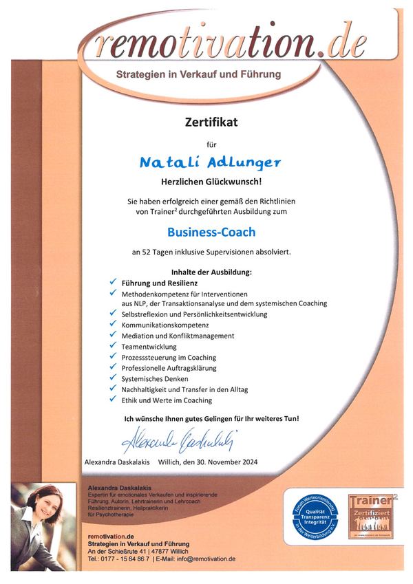 Zertifikat Business-Coach von Natali Adlunger – zum Vergrößern anklicken