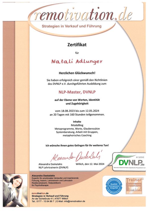 Zertifikat NLP-Master (DVNLP) von Natali Adlunger – zum Vergrößern anklicken